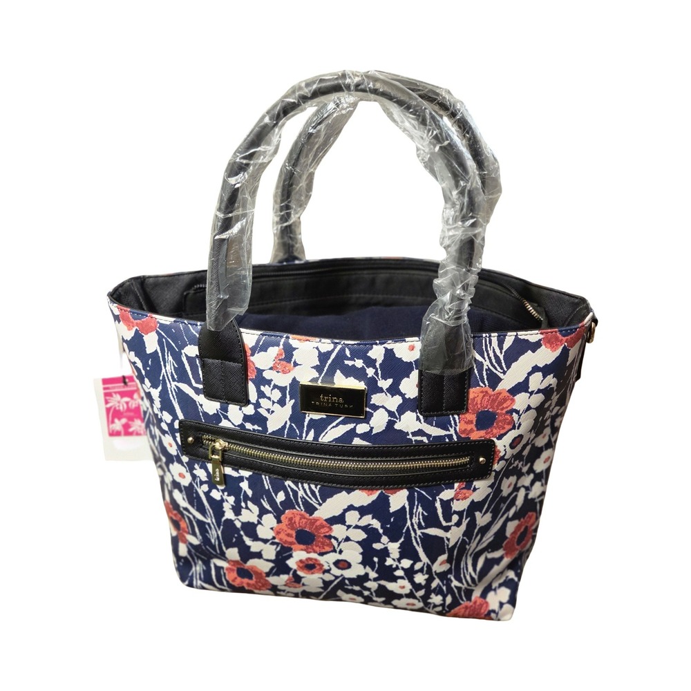 Trina Turk Floral Tote Bag Navy Blue Red White Gold Logo NWT Handbag